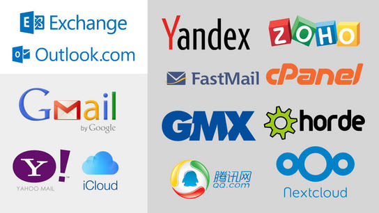 A collage of service providers including Microsoft Exchange, Outlook.com, GMail, Y!Mail, iCloud, Yandex, ZoHo, FastMail, cPanel, GMX, Horde, QQ, and NextCloud.