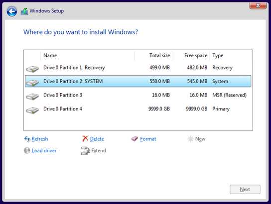 Screenshot of a 550 MiB ESP in Windows Setup