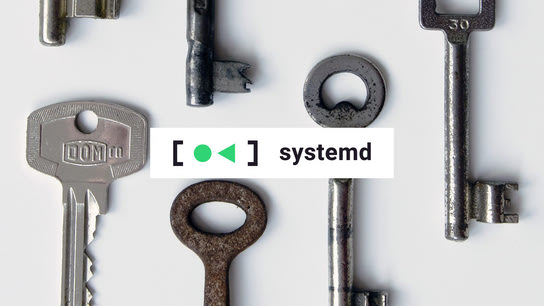 A selection of miscellaneous door keys with the systemd logo in front.