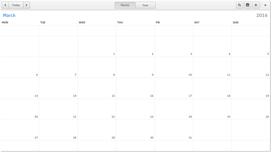 GNOME Calendar; empty March 2016
