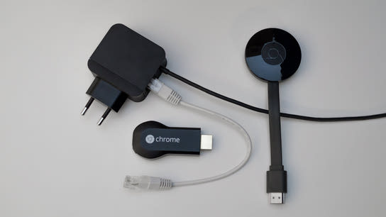 Google Chromecast (1st and 2nd gen.) shown with wired Ethernet Adapter