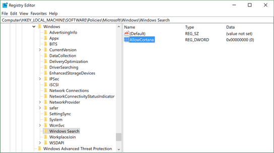 showing Registry modifications to the Windows Search: AllowCortana key