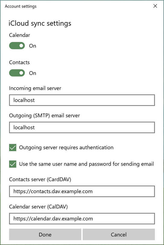 Advanced settings of Add iCloud account dialog in Windows 10